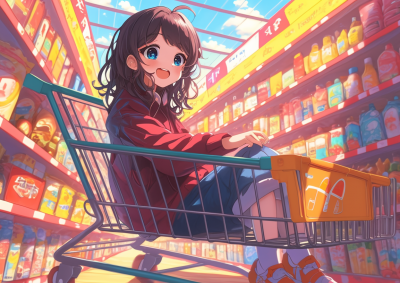 可爱的女孩坐在超市购物车中