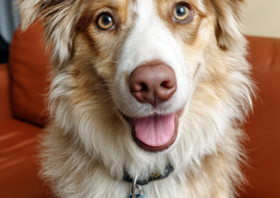 牧羊犬快乐地坐在沙发上
