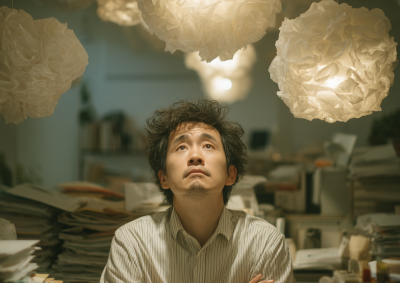 上班族坐在杂乱的办公桌前