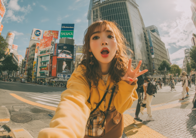 一个年轻女子站在繁忙的东京十字路口