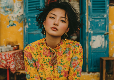 穿着粉色和绿色图案的女人
